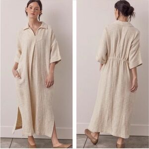 Amente Women’s Oatmeal Beige Midi Dress Linen Cotton Size M/L Lagenlook